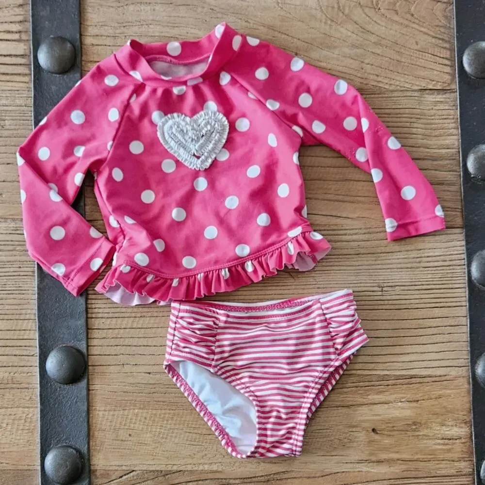 Little Me Pink Polkadot and Stripe Rashguard Bikini sz 6-9.